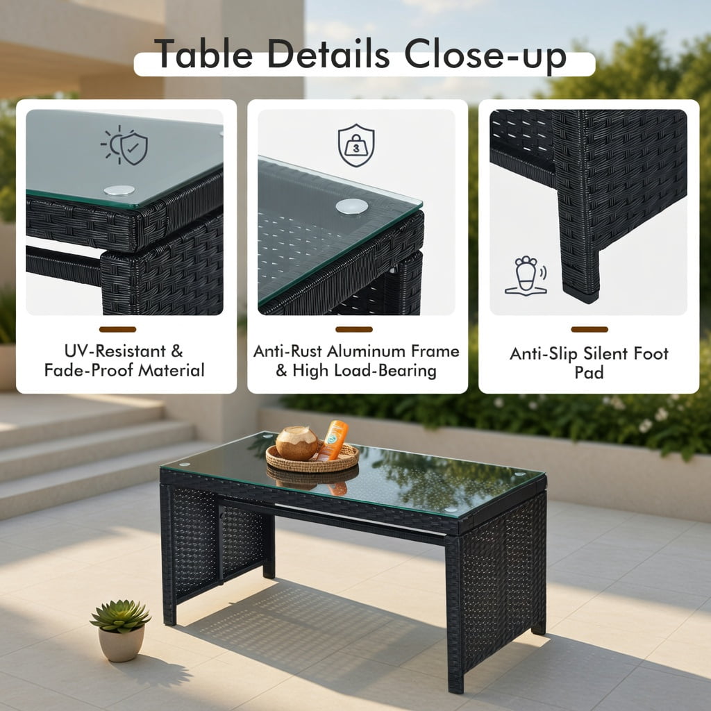 Hommoo 4-Piece PE Rattan Patio Furniture Set with Weatherproof Cushions, Tempered Glass Coffee Table, Loveseat & 2 Single Sofas for Backyard, Balcony, Poolside, Red