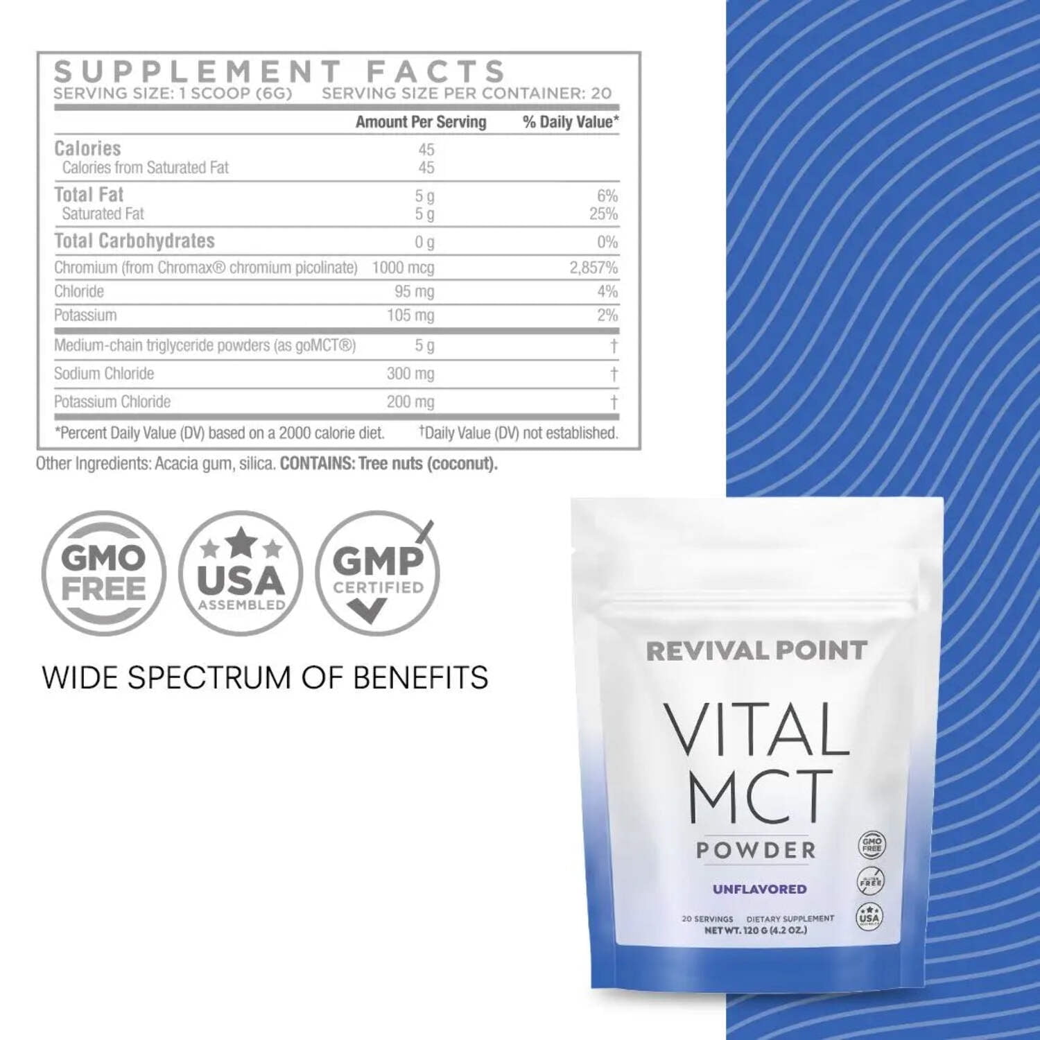 Revival Point Premium MCT Oil Powder Fortified with Keto Electrolytes and 15x Bioavailable Chromium Picolinate– C10 and C8 MCT Oil Derived from Coconuts– No Maltodextrin– 6 BAGS