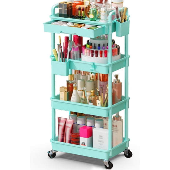 Makeup Cart Organizer with Drawers, 4 Tier Floor Skincare Organizers for Vanity, Rolling Makeup Bathroom Storage Cart Cosmetics Display Cases for Skin Care Perfume Nail Polish, Blue