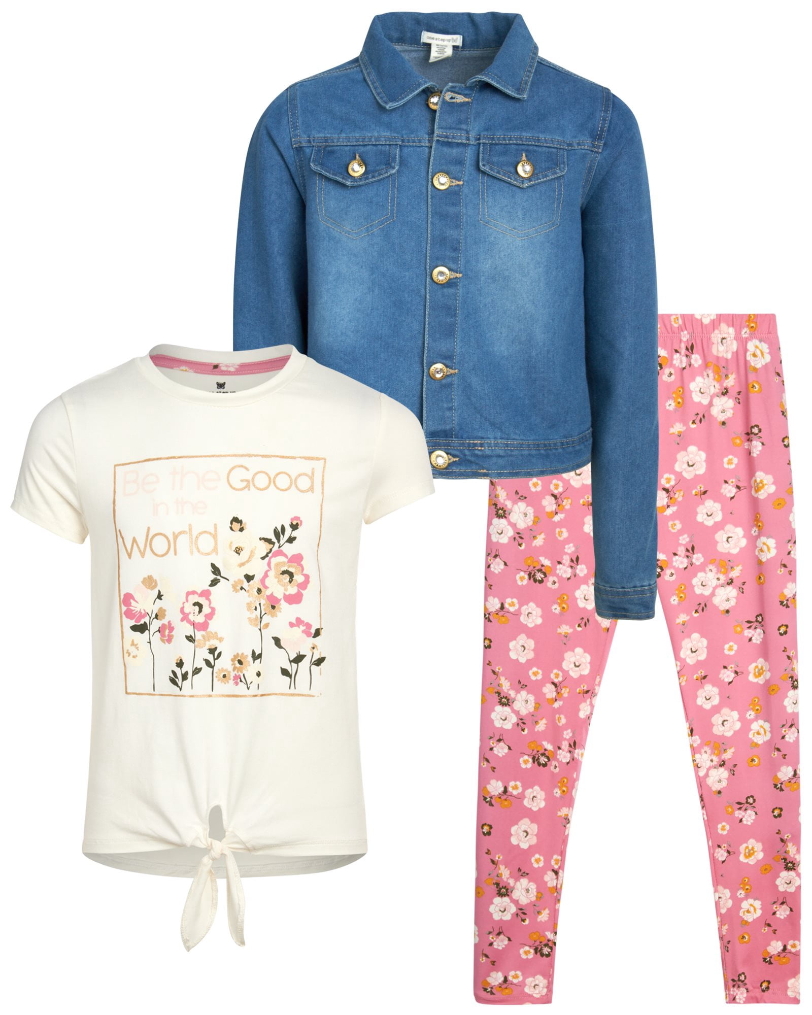 One Step Up Girls' Leggings Set 3 Piece Denim Jean Jacket, TShirt