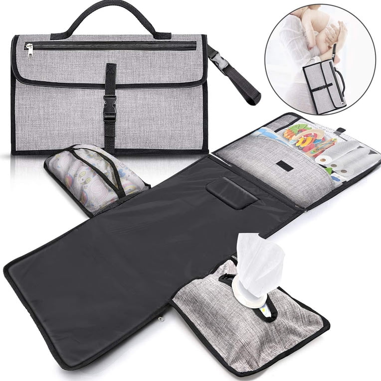 Portable Baby Diaper Changing Mat Pad Detachable Design with Extra Mesh Pouch Zipper Pouch Grey