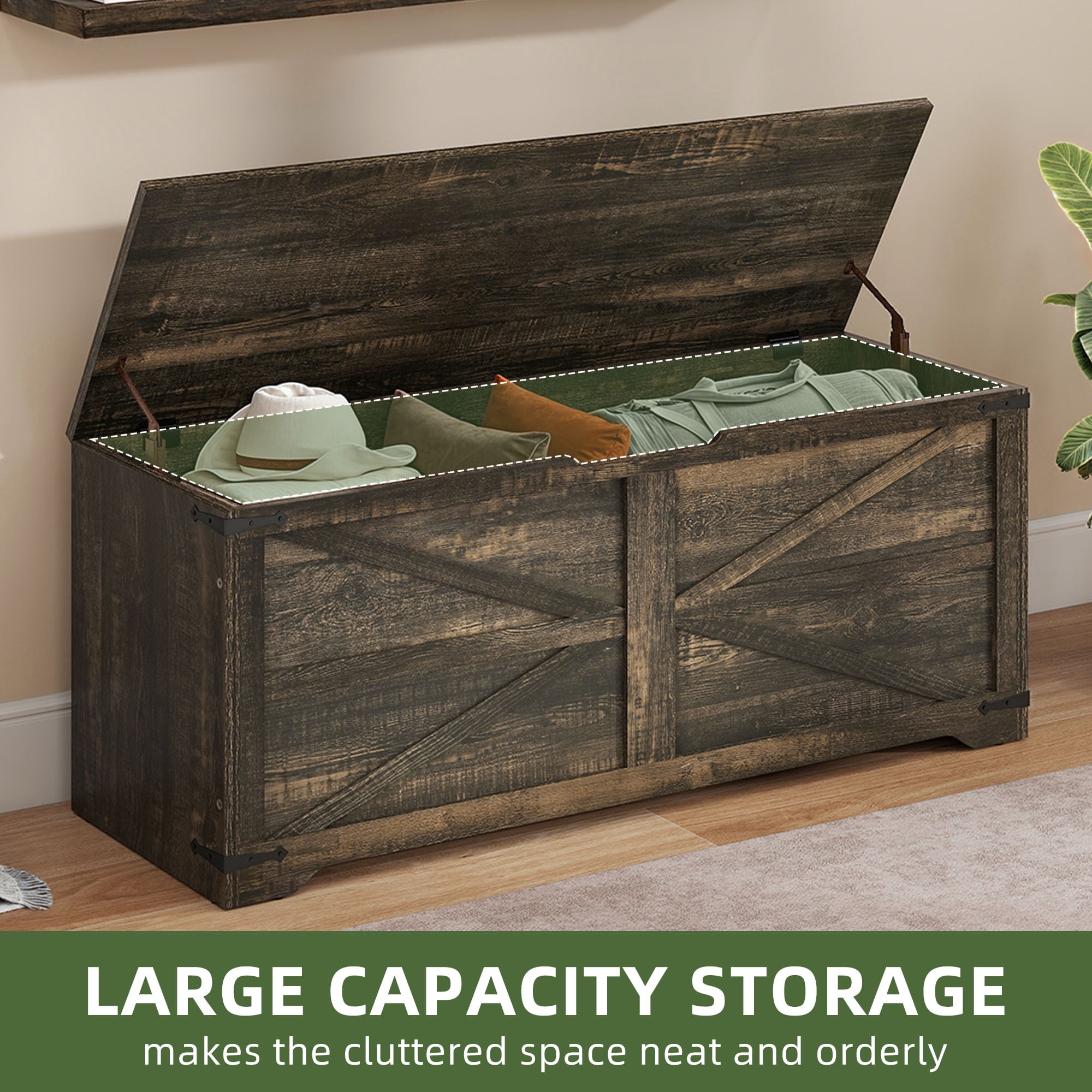 Uforic 47.2" Farmhouse Storage Bench, Wooden Chest with Safety Hinges, Shoe Organizer - Rustic Brown