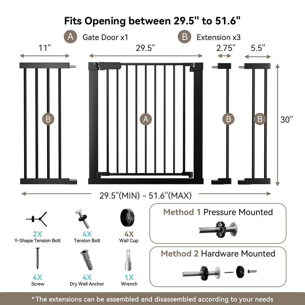 DOMIPET 29.5-51.6'' Extra Wide Pet Gate, 30''H Safety Doorway Gates Pressure Mounted,Black