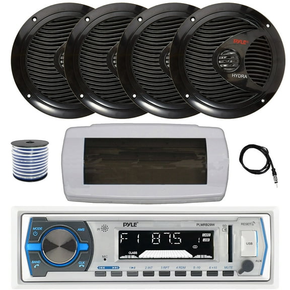 Pyle PLMRB29W Single DIN Bluetooth Marine MP3 AM/FM Stereo Receiver with White Cover, 22" Radio Antenna, Wire, 4x 8'' 180 Watt Max Full Range Dual Cone Waterproof Stereo Speakers (Black)