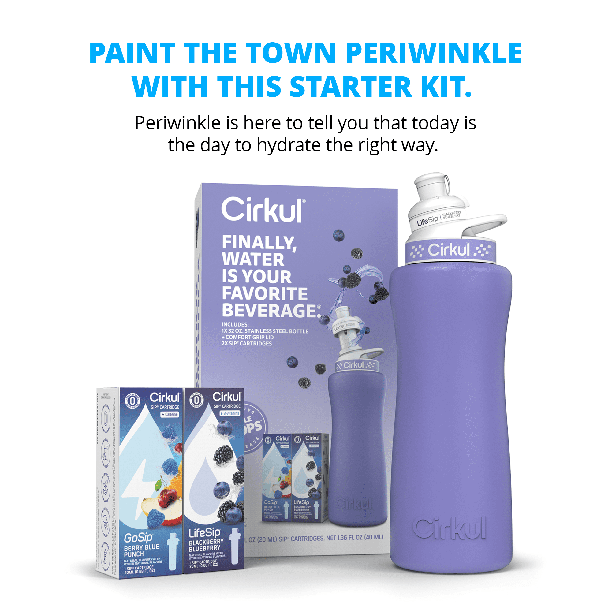 Cirkul 32oz Periwinkle Stainless Steel Starter Kit with Periwinkle Cirkul Lid 2.0 and 2 Flavor Cartridges (Blackberry Blueberry & Berry Blue Punch)