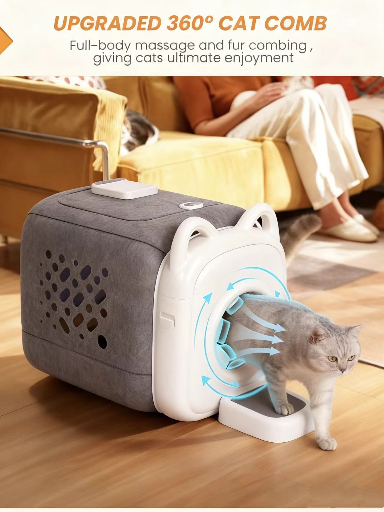 Automatic Cat Self Groomer with 360° Surround Brush, Skin-Friendly Grooming Tool with Biomimetic Cat Tongue Brush & Smart Feeder for Long and Short Haired Cats