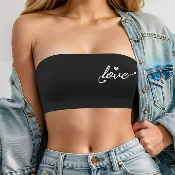 Women Strapless Bandeau Bra Love Patten Tube Tops Bra Bralette Seamless Comfortable Non-Padded Bra
