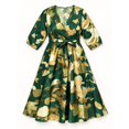 thumbnail image 4 of Plus Size Green & Gold Metallic Print Midi Dress, Wrap V-Neck 3/4 Sleeve A-Line Dress with Waist Tie & Pockets, 4 of 5
