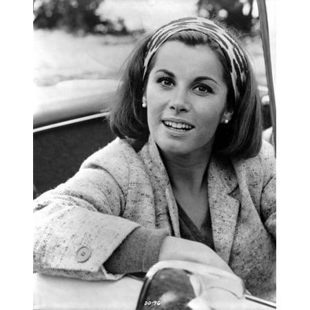 Stefanie Powers smiling in Black and White Portrait wearing Coat Photo