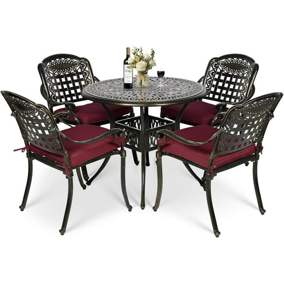 MEETWARM 5 Piece Patio Dining Set, Outdoor All-Weather Cast Aluminum Dining Table Set, Patio Furniture Set for Backyard, Include 4 Chairs with Cushions and a 35.4" Round Table, Chili Red