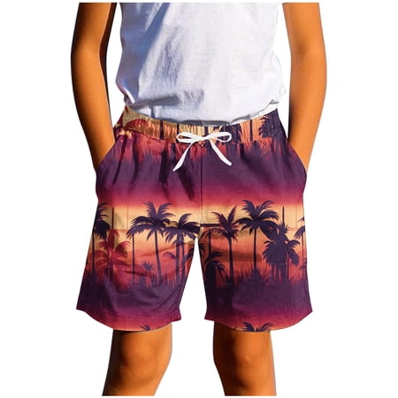 Cethrio Hawaiian Shorts for Boys Holiday Drawstring Beach Casual 2025 Summer Shorts Orange Size 13-14 T