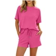 thumbnail image 2 of Ksrymi Vacation Outfits for Women 2-Piece Loungewear Set: Solid Crew Neck Short Sleeve T-Shirt & Elastic Waist Drawstring Shorts with Side Pockets Summer Outfits, 2 of 8