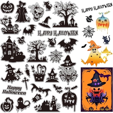 Happy Halloween Clear Rubber Stamp 11.7x8.3 inch Big Size Haunted House Bat Pumpkin Cat Transparent Silicone Seals Stamp for Journaling Card Making DIY Scrapbooking Photo Album Notebook Decor
