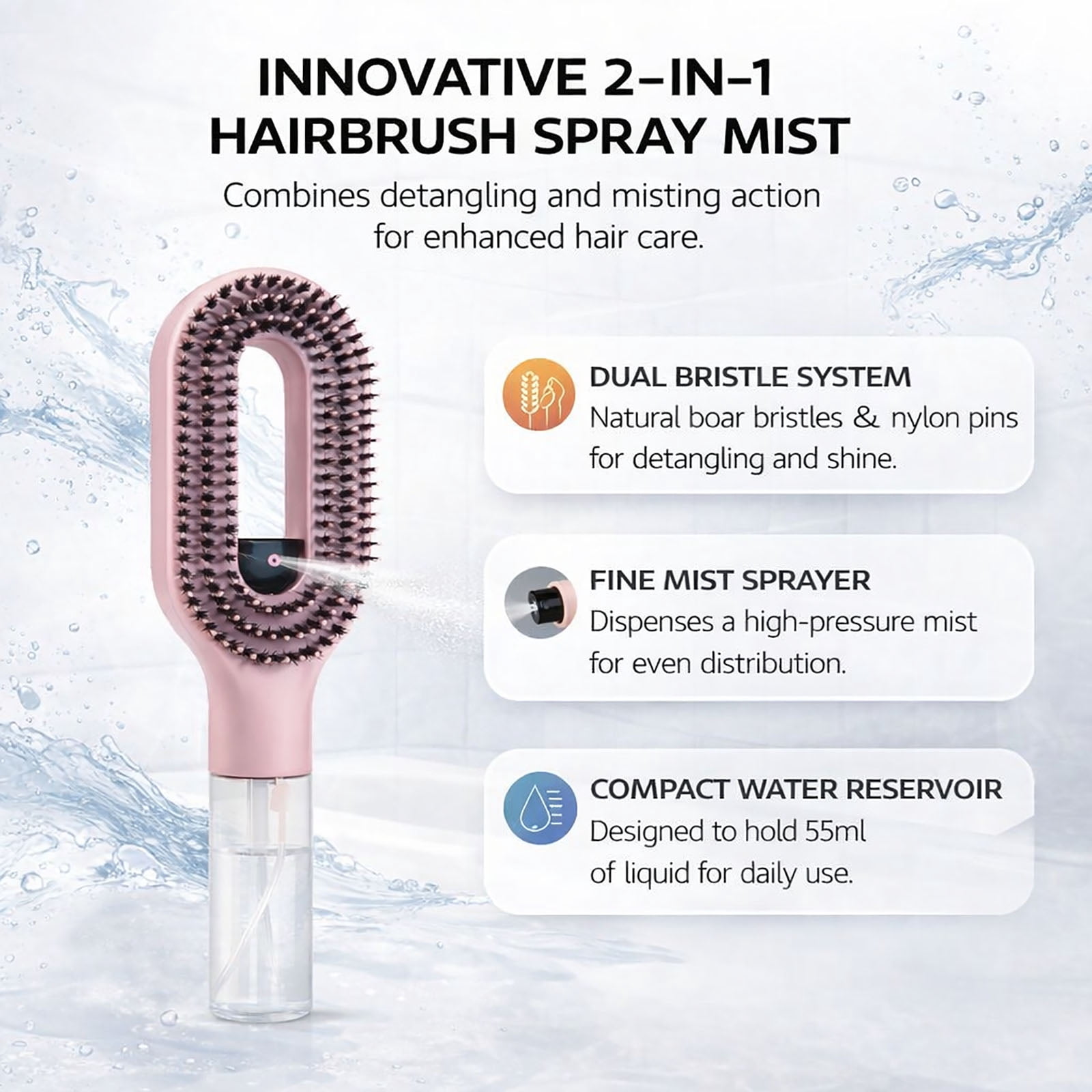 100Pcs Aqua Brush for Hair, AquaBrush 2-in-1 Detangler Hair Brush with Built-In Mister Spray, Portable Wet & Dry Detangling Brush for Curly, Wavy & Straight Hair, for Smooth, Frizz-Free Hair