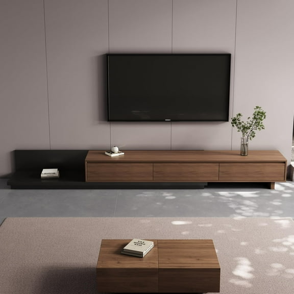 Extendable TV Stand with 3 Drawers, Modern Minimalist Entertainment Center, Long TV Media Console, Suitable for Living Rooms and Bedrooms, 79-130 Inch, Red Walnut Color