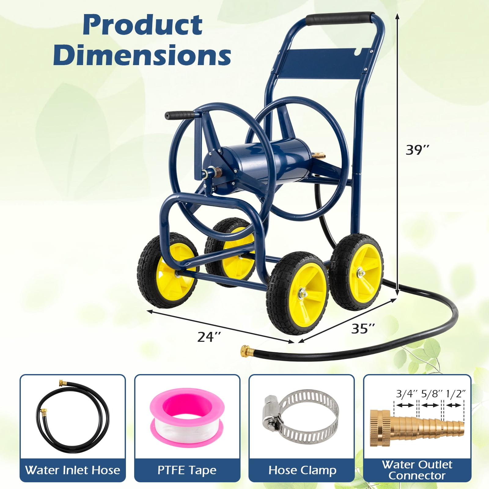 Costway Garden Hose Reel Cart 4 Wheels, 330 ft 5/8” Large Capacity for Outside Yard Lawn Navy