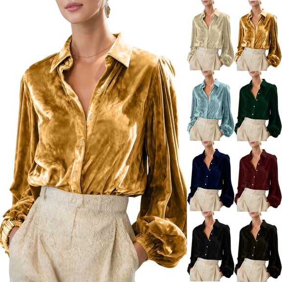 Long-Sleeve Button-Down Shirts for Women, Elegant Velvet Tops, Stylish Blouses for Holiday, Dressy and Casual Occasion Dark Green 2XL
