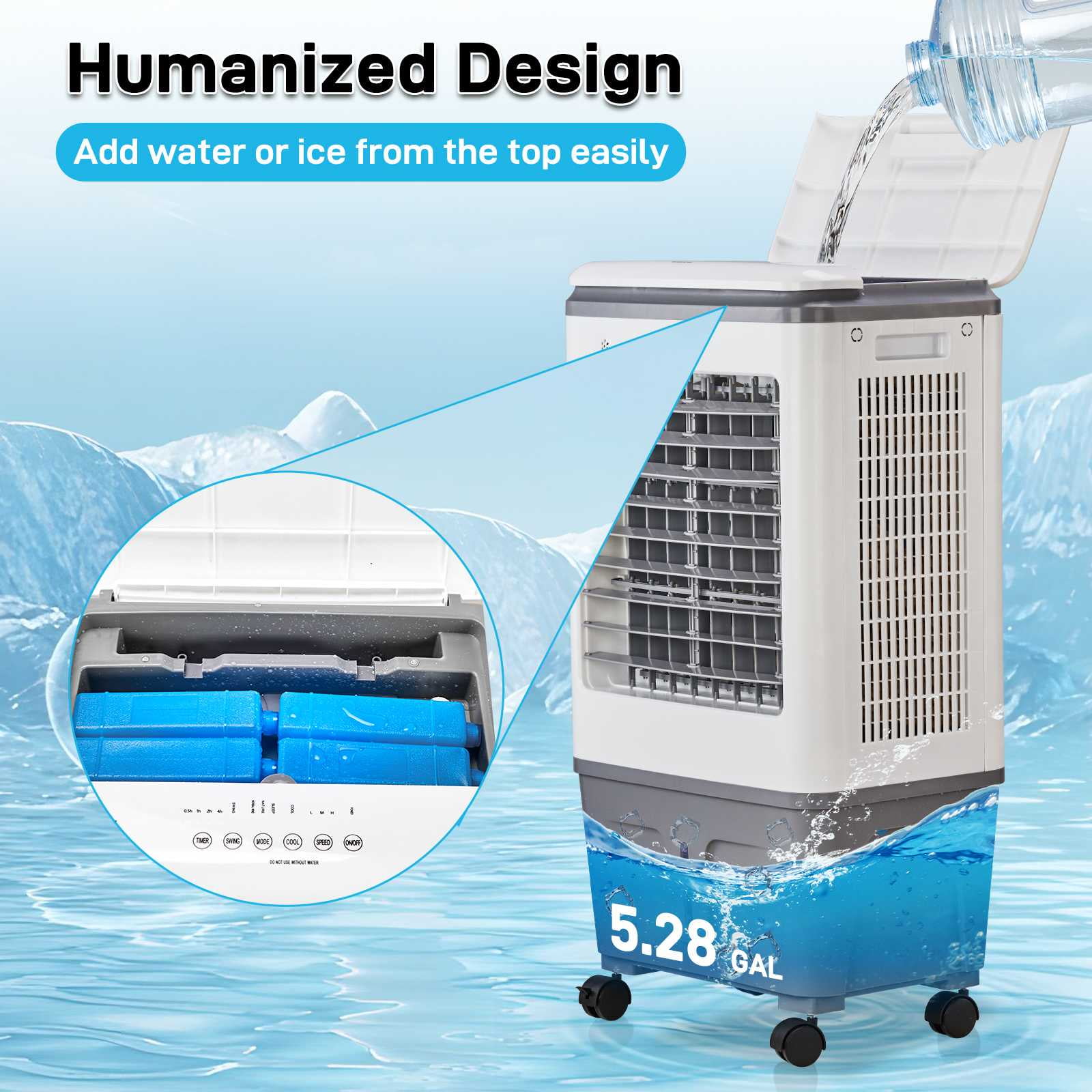 Ktaxon Portable Air Cooler,732CFM Evaporative Swamp Cooler with 5.28Gal/20L Water Tank, Cooling Fan with Oscillating, 3 Speeds, 7.5H Timer, 4 Ice Box, Indoor or Outdoor