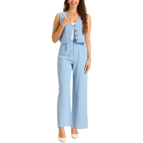 INSPIRE CHIC Women's Summer V Neck Sleeveless Linen Crop Tank and Wide Leg Pants Casual Two Piece Outfits Set XS Light Blue