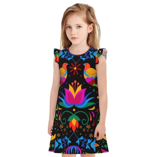Fotbe Mexican Flower Traditional1 Vestido de Dormir para Niñas de 3 a 10 Años, Mangas Cortas, Estilo Princesa, Pijama Camisón con Mangas Voladas-Small