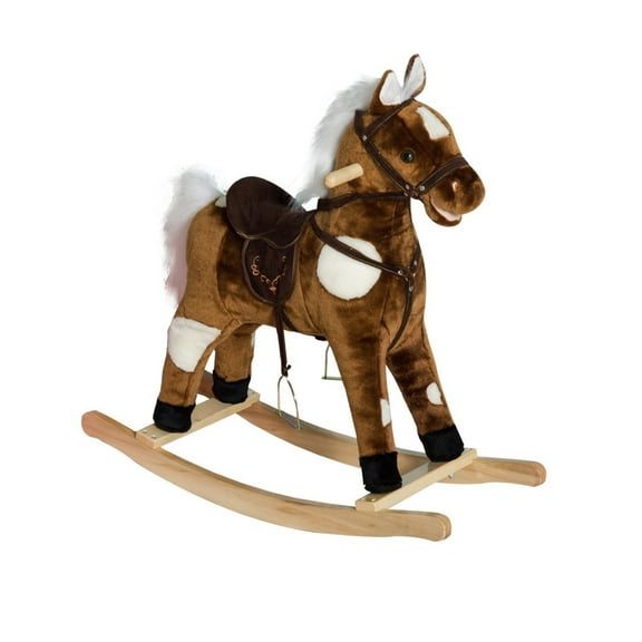 Qaba Kids Metal Plush Ride-On Rocking Horse Chair Toy With Rhyme Music - Dark Brown