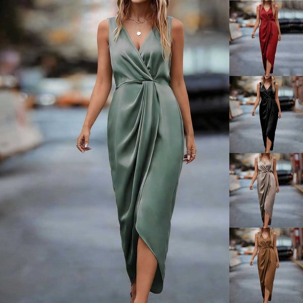 TaTaai Women‘s Bodycon Slit Dress, Sleeveless V-Neck Solid Color Slim Fit Maxi Dress, High-Low Hem Casual Bodycon Dress for Fall Spring Evenings Gift