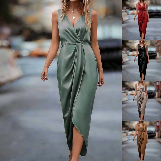 TaTaai Women‘s Bodycon Slit Dress, Sleeveless V-Neck Solid Color Slim Fit Maxi Dress, High-Low Hem Casual Bodycon Dress for Fall Spring Evenings Gift