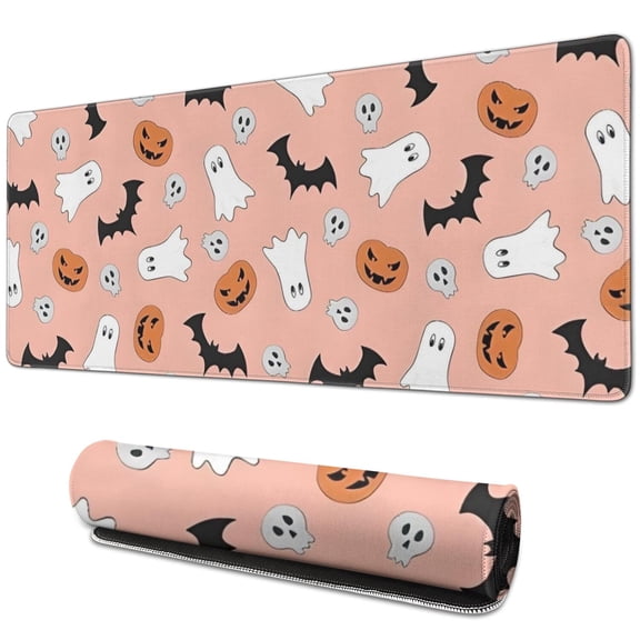 Long Mouse Pads for Desk,Pink Halloween Ghosts Bats and Pumpkins Desk Mats on Top Of Desks, Desk Mouse Pad Extra Large with 3mm Non-Slip Base and Stitched Edge for Gaming,Office,Work,Home 31.5x11.8in