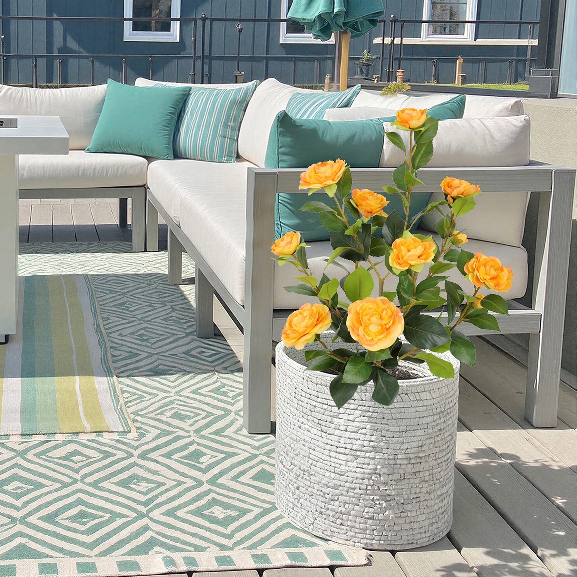 RosyHaven Full 2ft Artificial Camellia Tree with Realistic Orange Camellia Flowers, 24"Fake Camellia Tree, Faux Camellia Tree outdoor for Front Door Porch Patio Garden Yard Pool Room Decor,2Pack