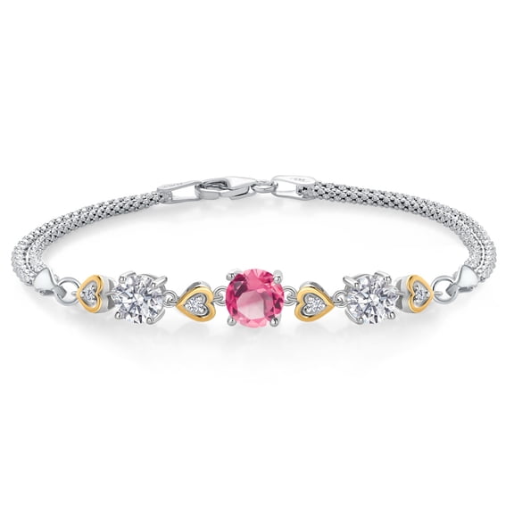 Gem Stone King 925 Silver and 10K Yellow Gold Pink Mystic Topaz and Lab Grown Diamond Bracelet for Women | 3.21 Cttw | Gemstone November Birthstone | Round 7MM & 6MM | Size 6.5 inch | Made in Italy