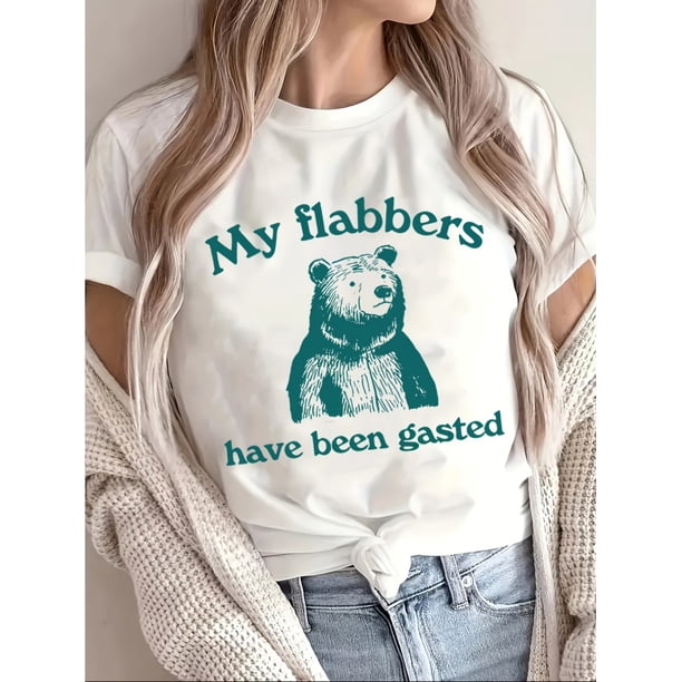 Women's Funny "My Flabbers" Cartoon Bear Graphic T-Shirt - Light Grey Short Sleeve Crew Neck Casual Top, Machine Washable All-Season Comfort Fit Tee, Bear T Shirt, Everyday Comfort, Playful Design