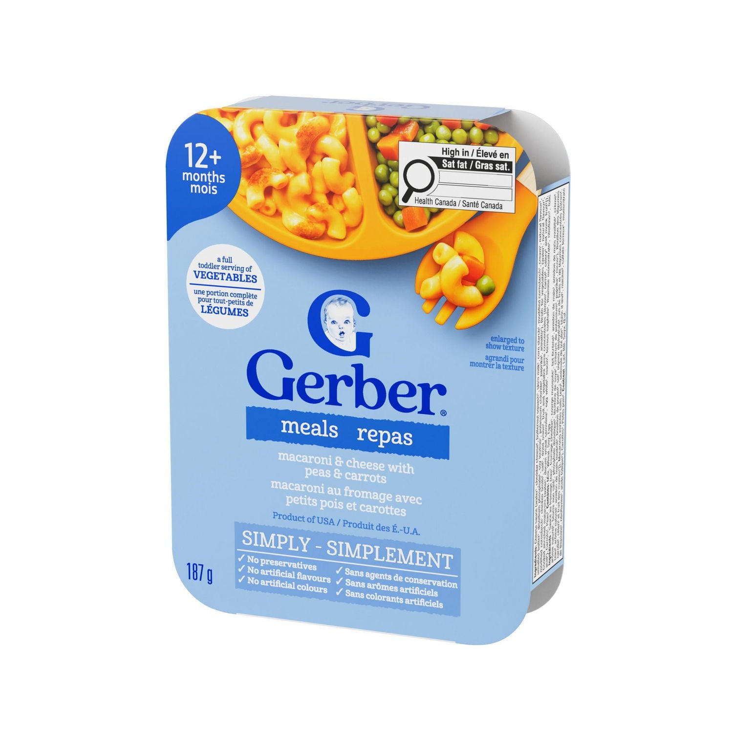 GERBER MEALS Macaroni & Cheese With Peas & Carrots, With A Full Toddler Serving of Veggies, Source Of Iron, Calcium & Vitamin A, No Artificial Colours, Flavours or Preservatives 187 g, 187 GR