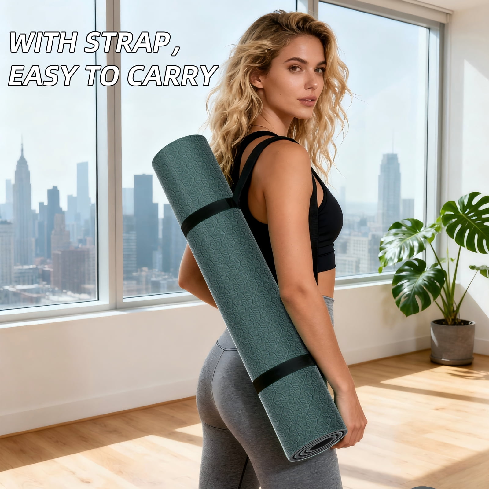 BAIMA Large Yoga Mat Thick Extra Wide and Long ,Roll-up Pilates Mats ,Eco TPE Double-Sided Exercise Pad with Carry Strap(Darkgreen+Grey)