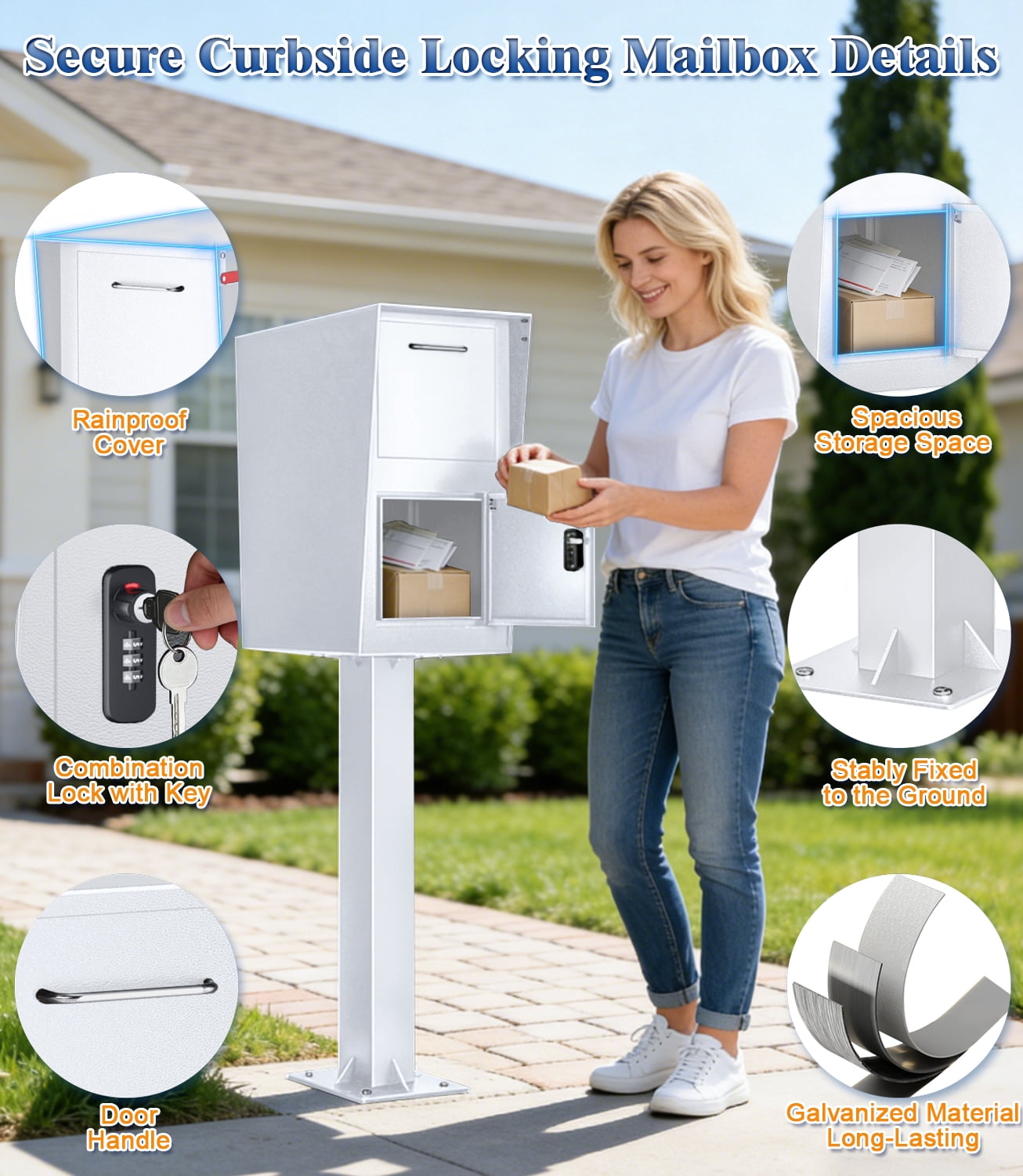 Esheno Secure Locking Mailbox Galvanized Steel with Combination Lock Key Anti Theft Rainproof for Packages Mail White