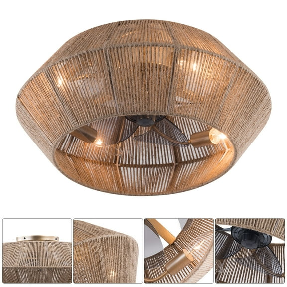 Miumaeov Boho Invisible Ceiling Fan Light Woven Rattan Caged Fan Chandelier Pendant Lamp with Remote Control 6 Speeds