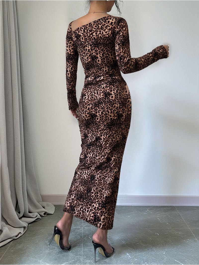 Women'S Leopard Print Long Sleeve Slit Drawstring Ruched Bodycon Party Dress  Leopard Print M - Walmart.com