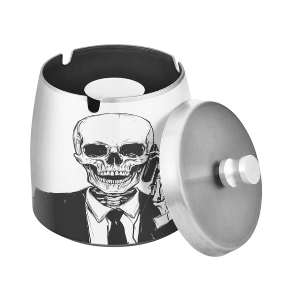 (9.3*9.3*9.7inch)Ashtray with Lid for Cigarette, Stainless Steel Smokeless Odorless Windproof Ashtrays, for Home Office Tabletop Outside Patio Outdoor Balcony A Skeleton in Suit