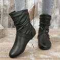 thumbnail image 2 of Slouchy Wide Mid Calf Boots for Women with No Heel Retro Comfy Leather Buckle Riding Work Booties, 2 of 7
