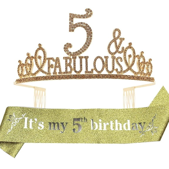 EBE EmmasbyEmma 5th Birthday Sash and Tiara for Girls - Fabulous Glitter Sash Fabulous Rhinestone Silver Premium Metal Tiara for Girls, 5th Birthday Gifts for Princess Party, 5 crowns