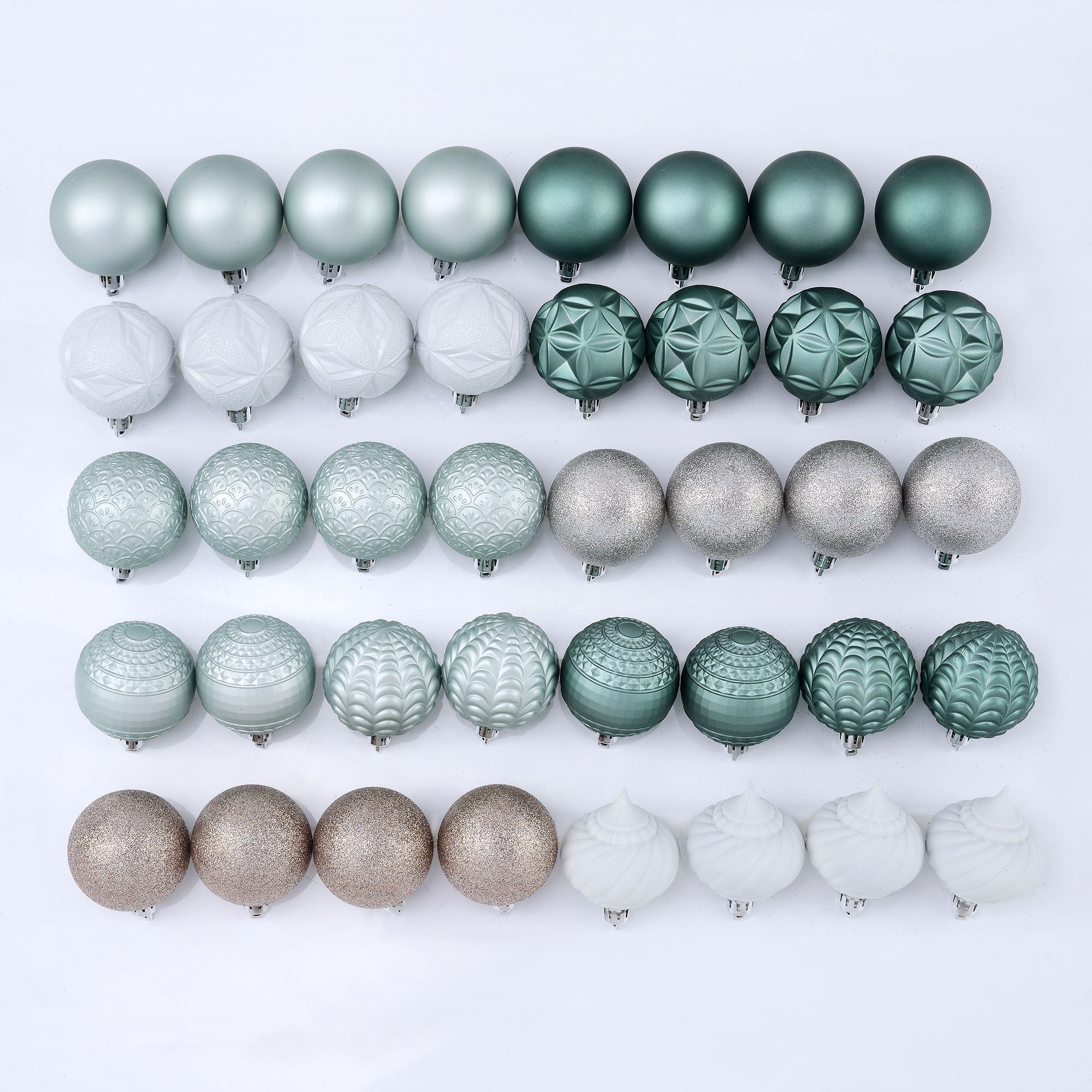 Holiday Time 40 Count Shatterproof Ornaments- Green, Silver & White