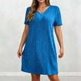 thumbnail image 5 of IUYRTFE Women Solid Color Short Sleeve V Neck Ribbed Dress Casual Loose Fit Summer Mini Dress, 5 of 6