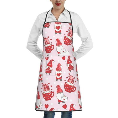 

Qekee Valentine Gnomes Print Adjustable Bib Apron Resistant with Pocket Cooking Kitchen Aprons for Women Men Server Chef Apron