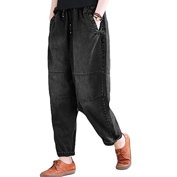 Women's Harem Cropped Pants Denim Baggy Elastic Waist Pull-on Jeans Black M