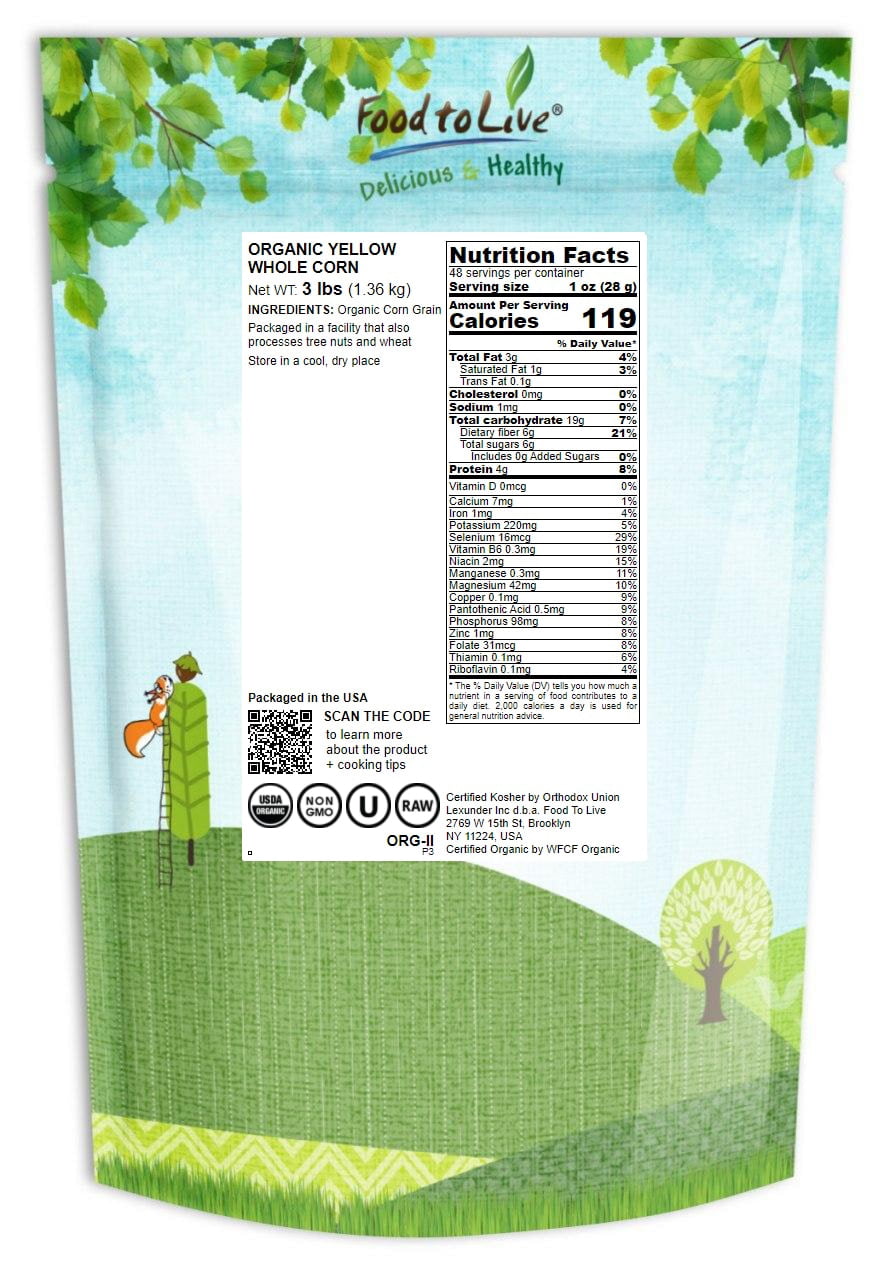 Organic Whole Yellow Corn, 3 Pounds — Non-GMO, Kosher, Raw, Vegan — by Food to Live
