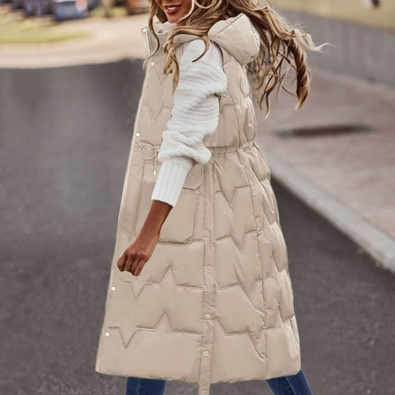 Full-Zip Hooded Long Puffer Vest for Women Quilted Coats Jackets,Women's Hooded Long Down Vest 2023 Clearance Sale