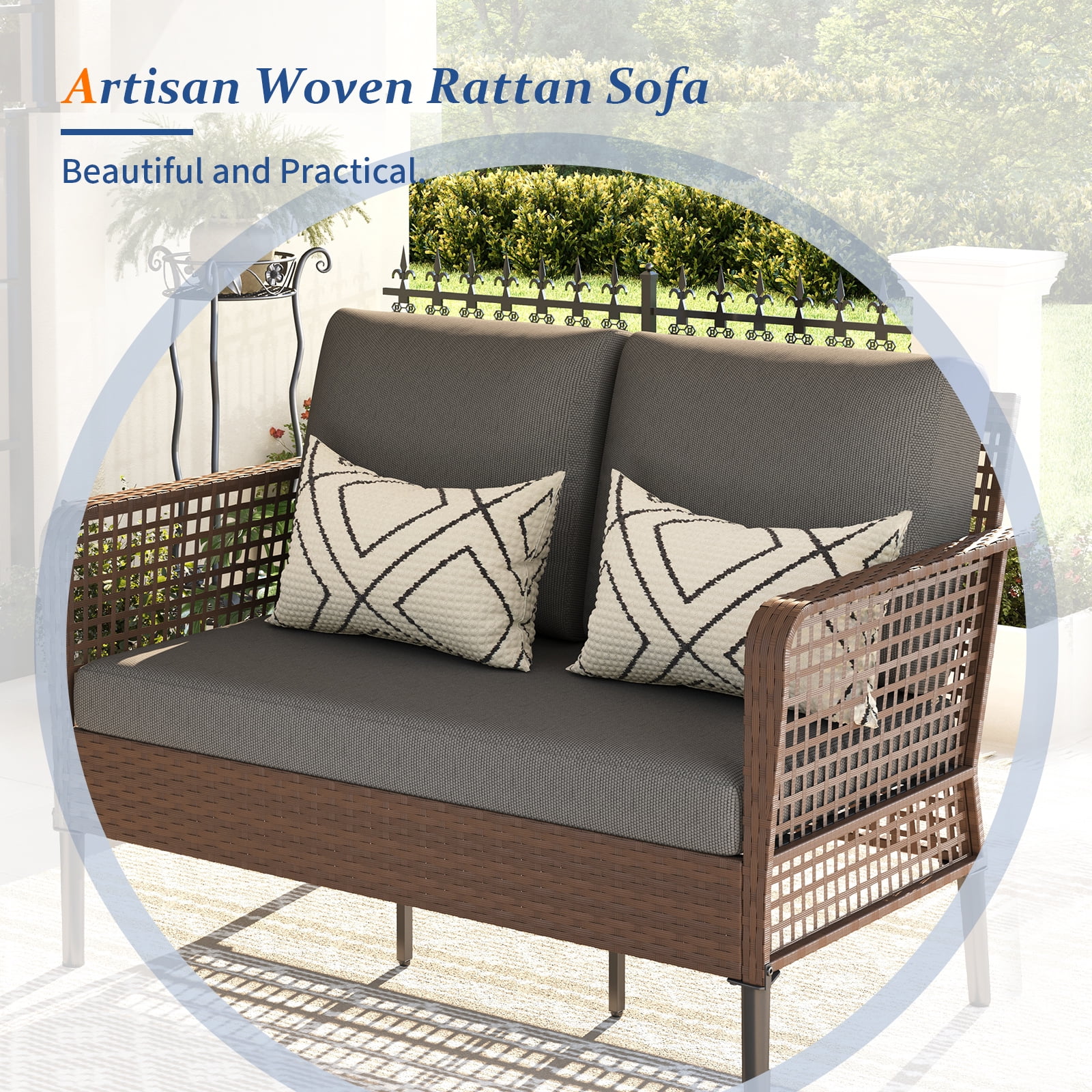 ELPOSUN 4 Pieces Patio Furniture Set, All-Weather Wicker Outdoor Furniture Set for Porch, Patio Conversation Set for Backyard, Balcony, Brown/Gray
