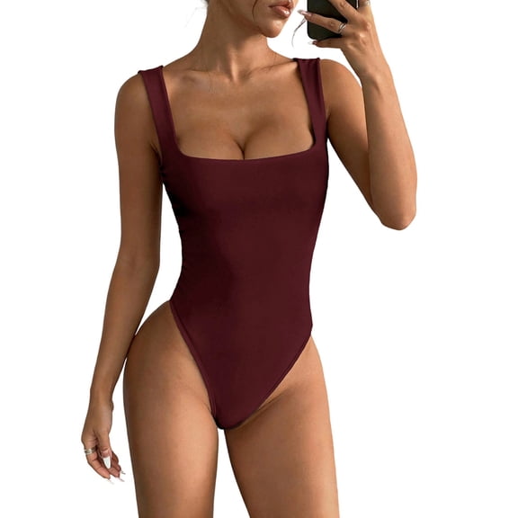 Bodysuits for Women Square Neck Tummy Control Compression Thong Bodysuit Tank Tops Bodysuit Wine Red XL