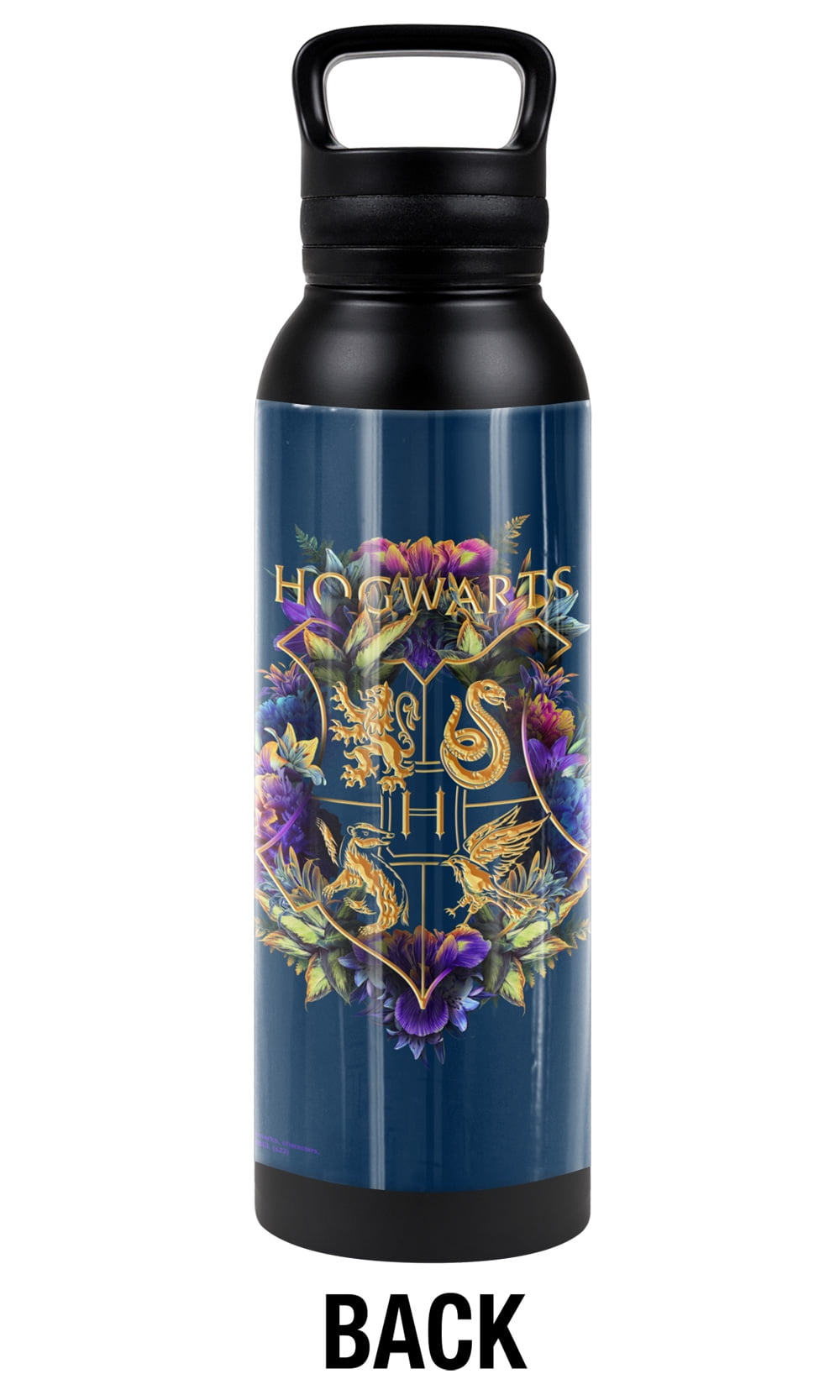 Harry Potter Official Hogwarts Multi-Colored Floral Crest 24 oz Insulated Canteen Water Bottle, Leak Resistant, Vacuum Insulated Stainless Steel with Loop Cap, Black