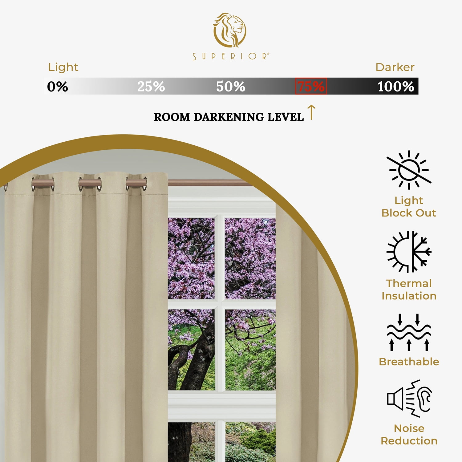 Superior Solid Blackout Curtain Set of 8, 52" x 84", Ivory