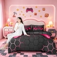 thumbnail image 4 of Manfei Neon Gamepad Bedding Twin Size,Modern Geometric Honeycomb Comforter Sets with Sheets,Red Black Bedding Sets Twin Size For Boys Kids,Super Cozy Bedroom Decor Reversible,7pcs, 4 of 8